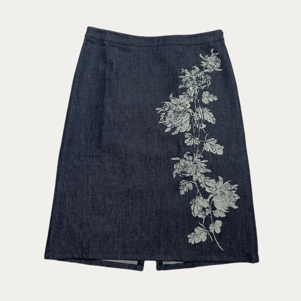 Vintage Ann Taylor Denim Floral Print Midi Skirt Size 10